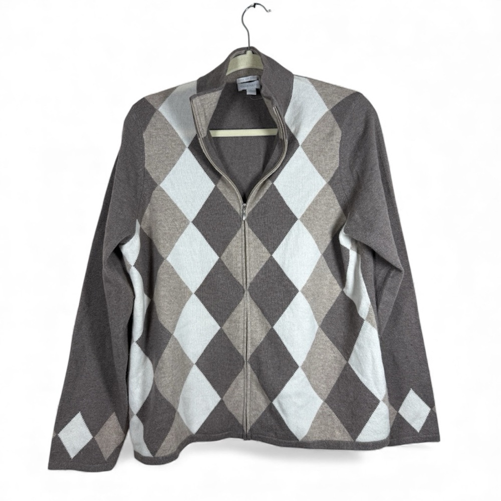 Charter Club Tan and Gray Argyle Cashmere Cardigan sz M Academia Preppy Light